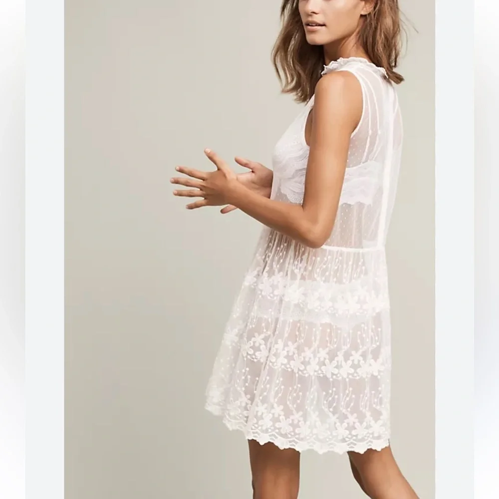 Anthropologie Cream Sleeveless Mock Neck Sundress Chemise Lace Mini Dress